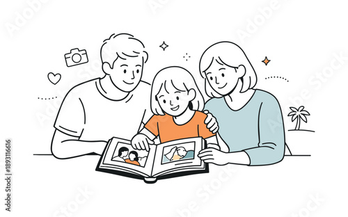 Family Album Nostalgia. Nostalgic family moment. A family calmly looking through an album and enjoying past memories. Emotional closeness and comfort captured