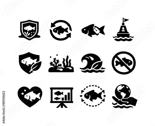 Fisheries Conservation Icons. Fisheries and conservation. Solid icon set of Fisheries and conservation: protected area icon, sustainable catch symbol, fish