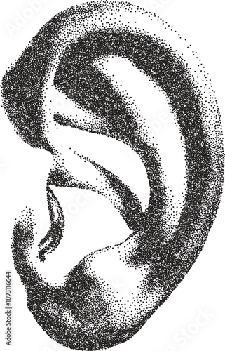 Ear vintage y2k stipple art, listen halftone stipple brutalist retro vector png with transparent background, sound 2000s aesthetic photocopy effect tattoo