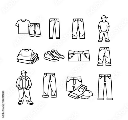 Casual Denim Icons. Casual Denim Outfit. Line icon set of Casual Denim Outfit: jeans and t shirt combo, casual street jeans, relaxed fit denim, everyday jeans