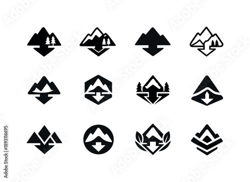 Carbon Logo Icon Set. Carbon. Icon set. Set Logo of carbon: climate impact arrow. harmonious logo variations of the same emblematic concept, each