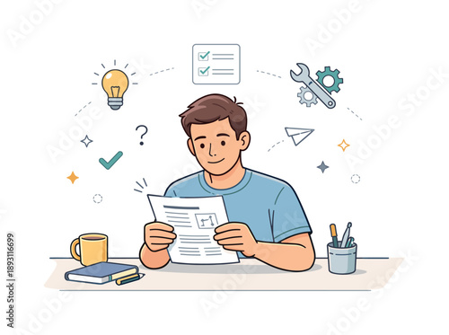 Focused Instructions Reading. Reading instructions. Person calmly reading printed instructions at a desk, focused and attentive before starting a task. Clean,