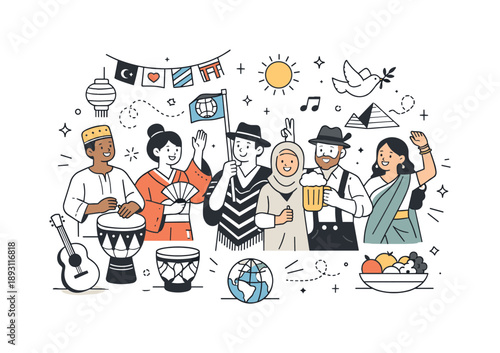Cultural Unity Celebration. Global cultural festival concept. People from different cultures celebrating together with mixed symbols and decorations. Unity,