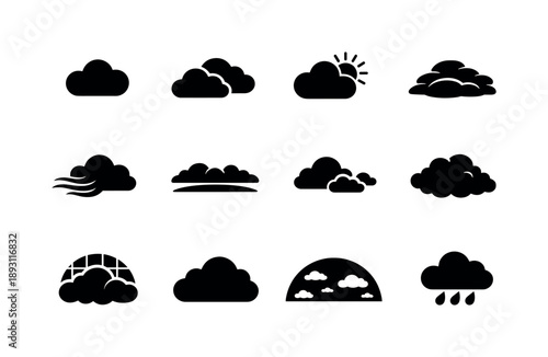 Cloudy Sky Icons. Cloudy Sky. Solid icon set of Cloudy Sky: cloud, overcast cloud, sun behind cloud, layered clouds, wind cloud, gray sky horizon, drifting