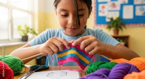 young girl concentrating on knitting a colorful pattern in a classroom setting