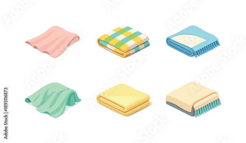 Colorful Light Throws. LightThrow. Isometric flat vector icons set of light throw: thin fabric throw, summer blanket, breathable cotton throw, draped light