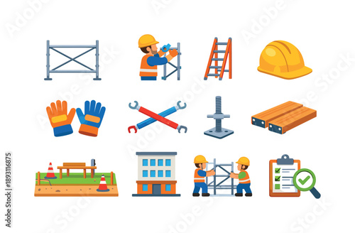 Scaffolding Setup Icons. Setting up scaffolding. Colorful flat vector icons set of setting up scaffolding: metal scaffold frame, worker assembling, ladder