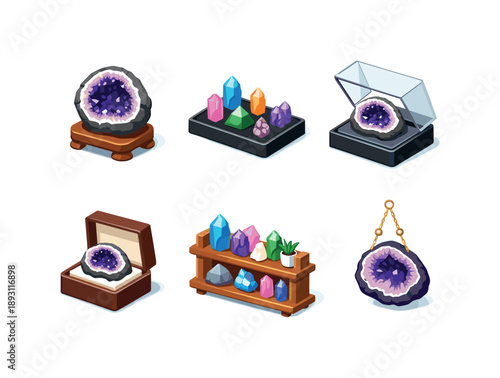 Geode Crystal Display. Mineral Display. Isometric flat vector icons set of Mineral Display: geode on wooden stand, crystal display tray, open geode showcase,