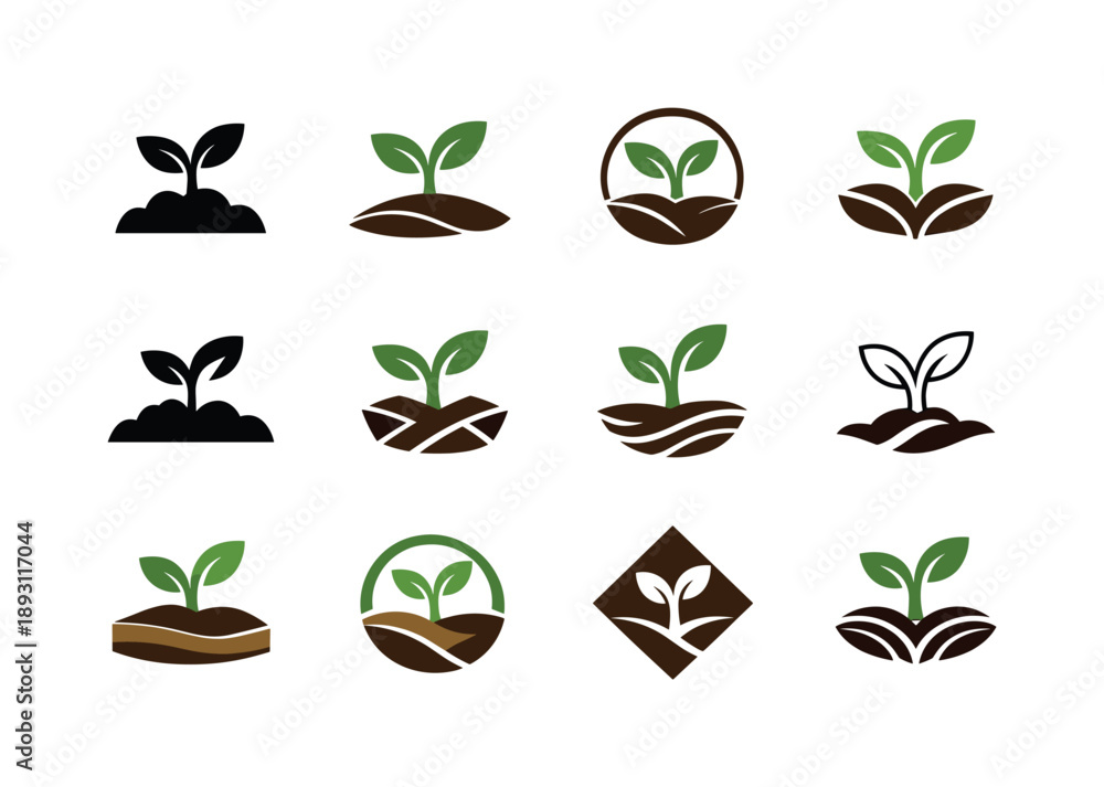 Fototapeta premium Soil Health Icons. Soil health improvement. Icon set. Set Logo of Soil health improvement: sprout emerging from soil. harmonious logo variations of the same