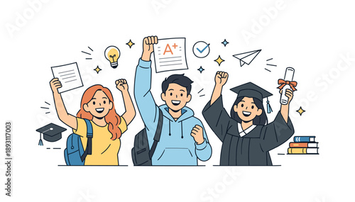 Celebrating Academic Success. University students success. Students celebrating exam results or graduation with smiles and raised hands. Achievement,