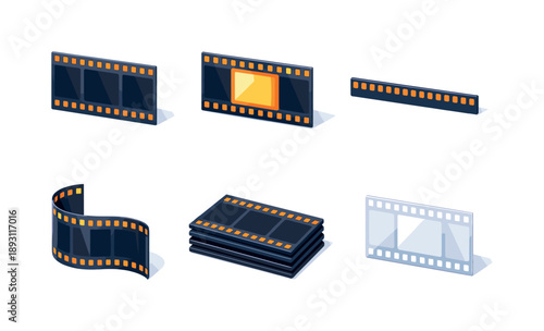 Photographic Negative Icons. Photographic negatives. Isometric flat vector icons set of photographic negatives: negative film strip, highlighted frame cell,