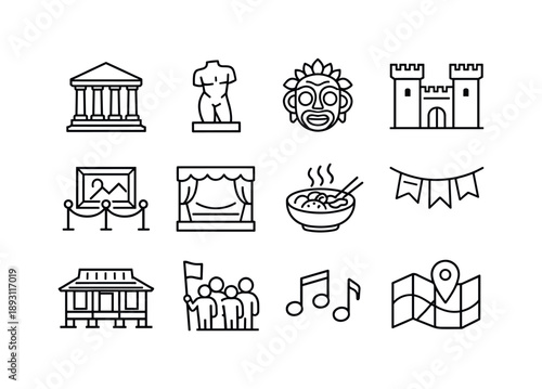 Cultural Tourism Icons. Cultural Tourism. Line icon set of Cultural Tourism: museum building, ancient statue, traditional mask, historic landmark, art gallery,
