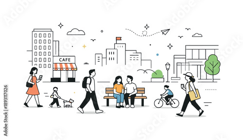 Urban Ease. City life atmosphere. Urban environment with people moving at an easy pace, buildings framing the scene and lots of open space. Editorial-style