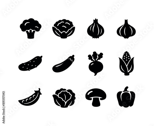 Vegetable Icon Grid. Vegetables. Solid icon set of Vegetables: broccoli, cauliflower, onion, garlic, cucumber, zucchini, beet, corn, pea pod, lettuce head,