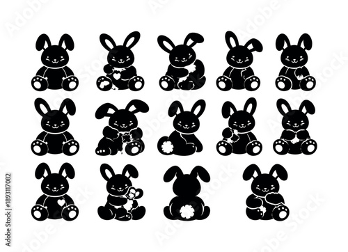 Stuffed Bunny Icons. Stuffed Animal Bunny. Solid icon set of Stuffed Animal Bunny: plush rabbit, toy ears, stitched smile, fluffy body, toy paws, sleepy eyes,