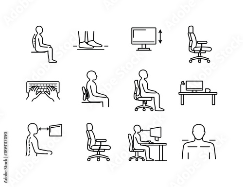 Ergonomic Desk Posture Icons. Correct desk posture. Line icon set of Correct desk posture: straight spine, feet on floor, monitor height, chair setup, typing