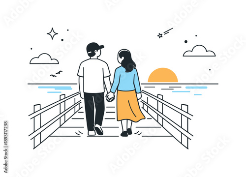 Seaside Stroll Serenity. Romantic seaside moment. Two people strolling side by side on a long pier, lightly touching hands while looking toward the horizon.