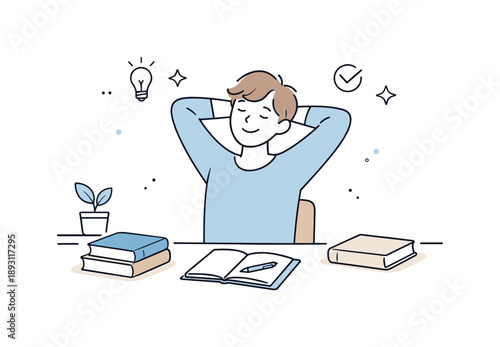 Peaceful Study Session. People studying at home. A person stretching with a smile after a study session, surrounded by closed books and calm light, expressing