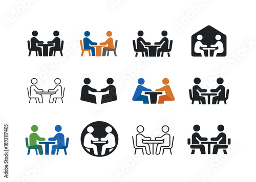 Parent-Teacher Meeting Icons. Parent-teacher meetings. Icon set. Set Logo of Parent-teacher meetings: teacher and parent sitting across a desk. harmonious logo