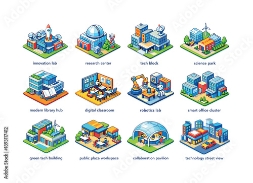 Innovation District Icons. Innovation District. Colorful isometric vector icons set of Innovation District: innovation lab building, research center,