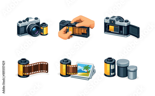 Analog Photography Icons. Analog photography. Isometric flat vector icons set of analog photography: film roll beside camera, hand loading film roll, camera