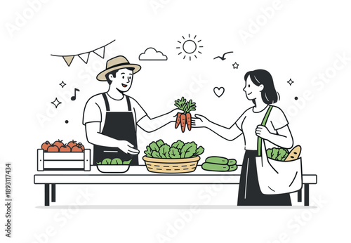 Friendly Market Exchange. Farmers market lifestyle. A vendor handing vegetables to a customer across a simple stall table, capturing friendly interaction and
