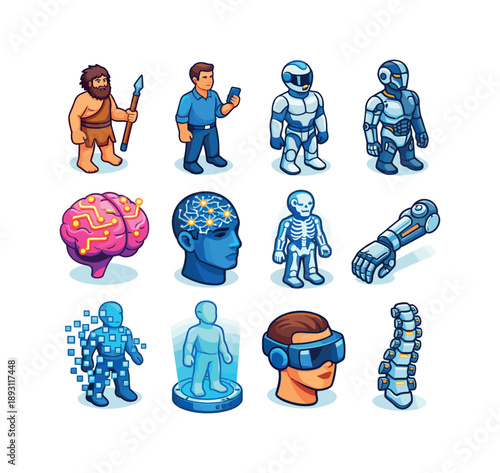 Human Evolution Icons. HumanEvolutionAI. Colorful isometric vector icons set of HumanEvolutionAI: primitive human, modern human, futuristic human, cyborg body,