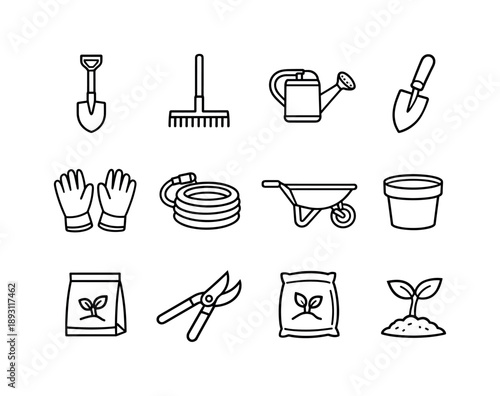 Garden DIY Icons. Garden DIY. Line icon set of garden DIY: shovel, rake, watering can, trowel, gloves, hose, wheelbarrow, plant pot, seed packet, pruning