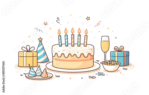 Birthday Cake Bliss. Birthday cake time. A central view of a birthday cake with candles lit, surrounded by simple table elements. Warm tone, balance, and