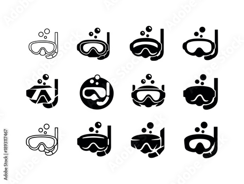 Snorkeling Mask Icons. Snorkeling mask. Icon set. Set Logo of snorkeling mask: underwater dive mask with bubbles. harmonious logo variations of the same