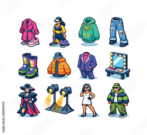 Urban Couture Icons. Urban couture. Colorful isometric vector icons set of Urban couture: couture coat with sneakers, street-inspired gown, luxury fabric