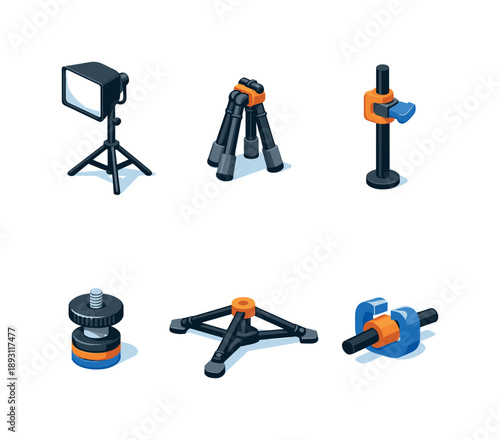Isometric Photo Stand Icons. Photo Stand. Isometric flat vector icons set of Photo Stand: photography light stand, foldable tripod legs, height adjustment