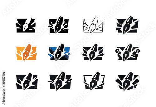 Tradition Redefined Icons. Rewriting traditions. Icon set. Set Logo of Rewriting traditions: symbolic pen breaking through old frame. harmonious logo