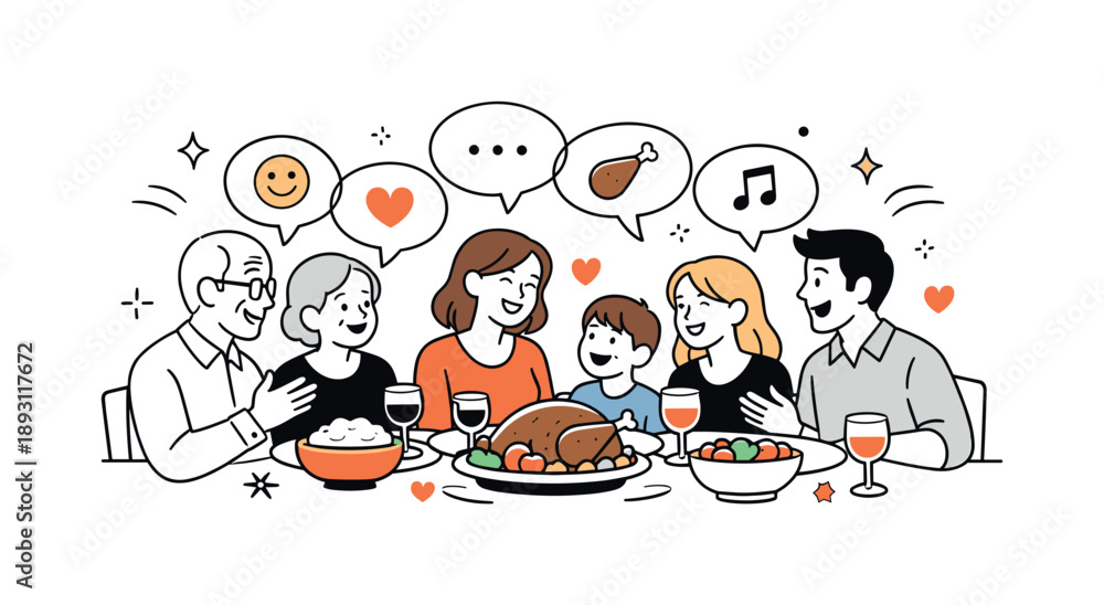 Fototapeta premium Joyful Thanksgiving Gathering. A family gathered around the table for Thanksgiving dinner conversation. A friendly editorial scene with family members talking