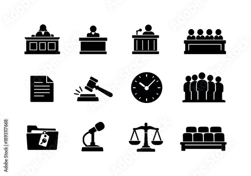 Courtroom Icon Set. Courtroom procedure. Solid icon set of Courtroom procedure: judge bench, court clerk desk, witness stand, jury box, legal document, gavel