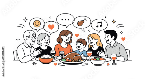 Joyful Thanksgiving Gathering. A family gathered around the table for Thanksgiving dinner conversation. A friendly editorial scene with family members talking