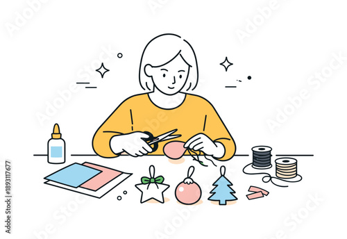 Crafting Homemade Ornaments. Making homemade ornaments. A person carefully crafting simple ornaments at a table, cutting paper and tying ribbons with calm