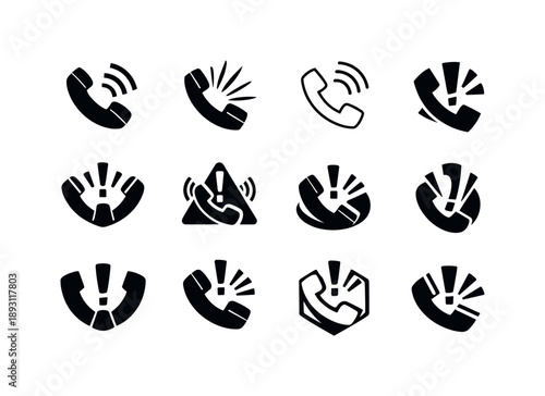 Unexpected Call Icons. unexpected phone call. Icon set. Set Logo of unexpected phone call: phone handset lifted. harmonious logo variations of the same