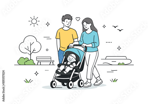 Family Park Stroll. Parents pushing stroller park time. Parents strolling through a park with a baby in a stroller. Calm outdoor moment and relaxed family