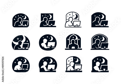 Late-Night Work Icon. someone continuing to work late into the night, focused. Icon set. Set Logo of someone continuing to work late into the night, focused: