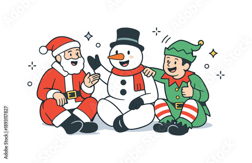Festive Costume Gathering. Friends wearing holiday costumes together. People dressed as Santa, snowman and elf, relaxed interaction and lighthearted