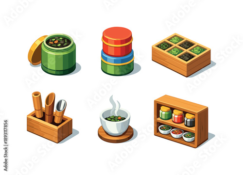 Tea Shop Display Icons. Tea shop display. Isometric flat vector icons set of tea shop display: open tea jar, stacked tea containers, wooden display box, tea