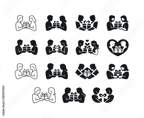 Gift Exchange Icons. happy couple exchanging thoughtful gifts. Icon set. Set Logo of happy couple exchanging thoughtful gifts: love ribbon bow. harmonious logo