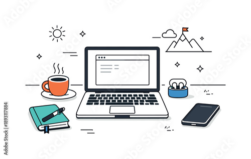 Nomadic Office Setup. Nomadic remote office. A laptop rests on a table with coffee, notebook, and wireless devices. Simplicity, productivity, and
