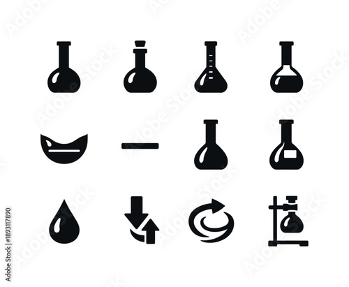 Volumetric Flask Icons. Volumetric flasks. Solid icon set of Volumetric flasks: volumetric flask, flask with stopper, graduated flask, solution fill line,