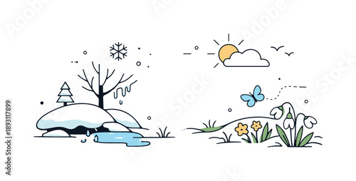 Winter's Gentle Transition. Passing of winter concept. A calm editorial scene showing winter gently fading away, with snow retreating and early spring elements