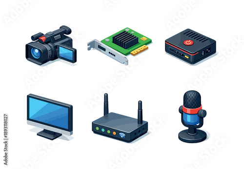 Isometric Streaming Icons. Live Streaming. Isometric flat vector icons set of live streaming: streaming camera, capture card, streaming encoder box, desktop