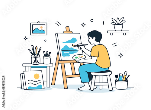 Home Studio Creativity. People painting at home. A small home studio corner with canvases, jars of brushes, and a person absorbed in painting. Focused creative