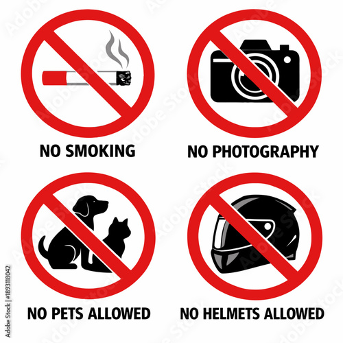 Tampilan dekat ikon larangan makanan dan minuman, tanda larangan hewan peliharaan,memotret,membawa helm dan merokok, stiker putih di pintu kaca depan kafe atau restoran.