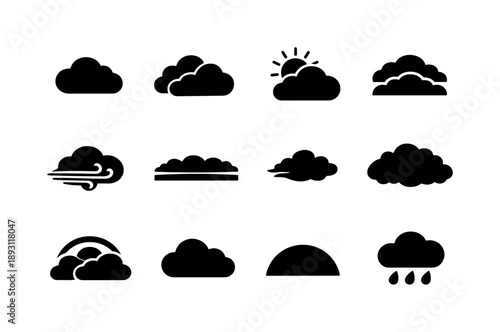 Cloudy Sky Icons. Cloudy Sky. Solid icon set of Cloudy Sky: cloud, overcast cloud, sun behind cloud, layered clouds, wind cloud, gray sky horizon, drifting